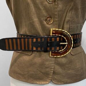 Stripe Leather Belt Black & Brown | Gold Buckle, Adjustable, Chic Accessory